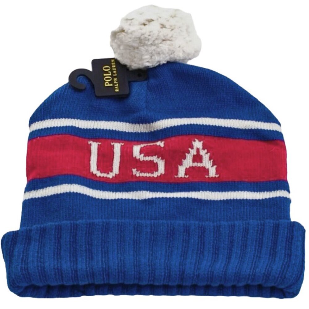 NEW Polo Ralph Lauren Red White & Blue USA Knit Cuff Pom Beanie Hat! One Size